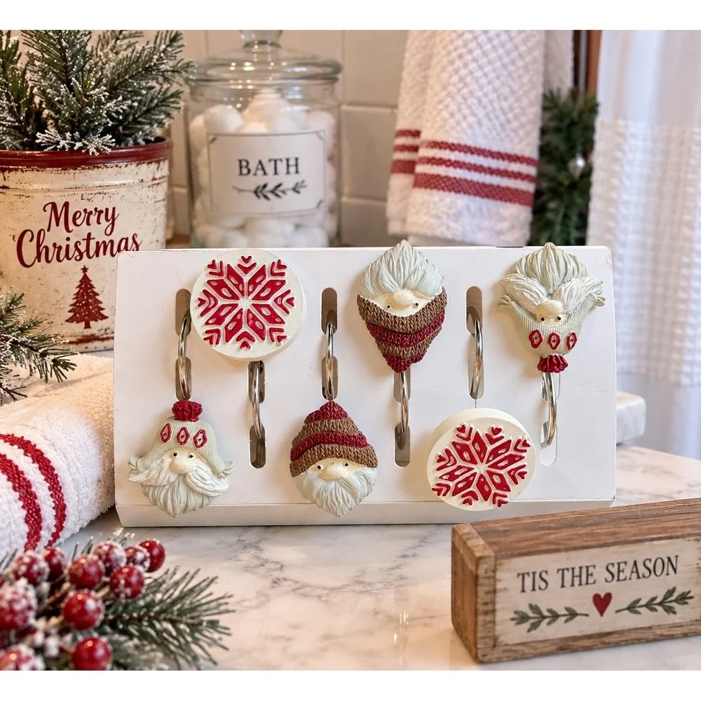 Christmas Shower Curtain Hooks Set of 12 Santa Gnome Snowflake Rustic Holiday